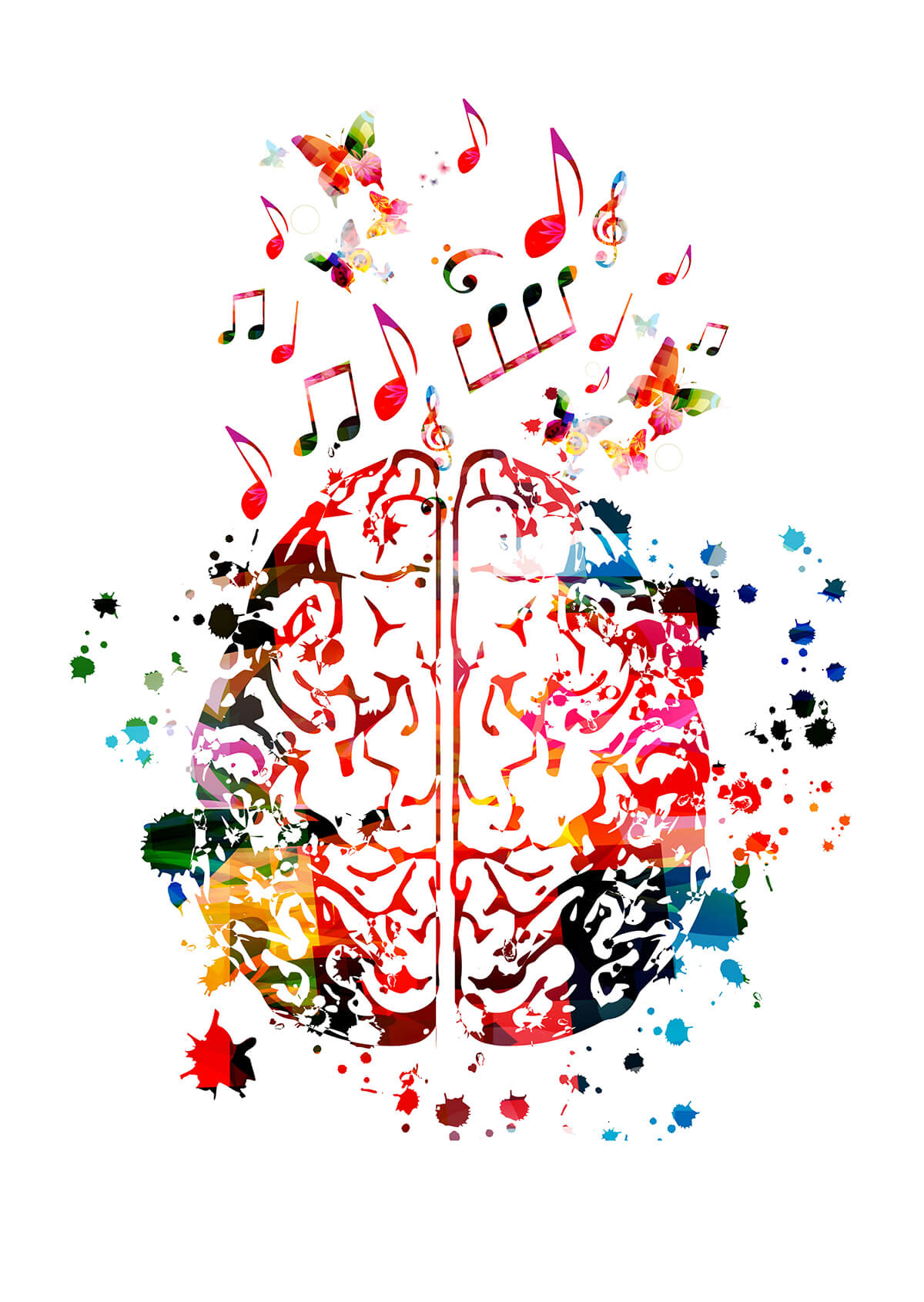Brain illustration with color and musical notes - Two queer people creating a heart. Queer counselling in Berlin, specialising in guided imagery and music.